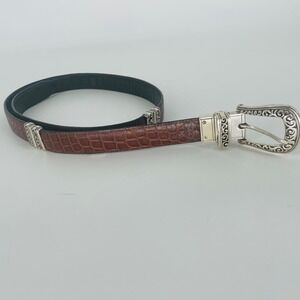 Brown Black Reversible Croc Embossed Leather Belt Ornate Silver Tone Buckle